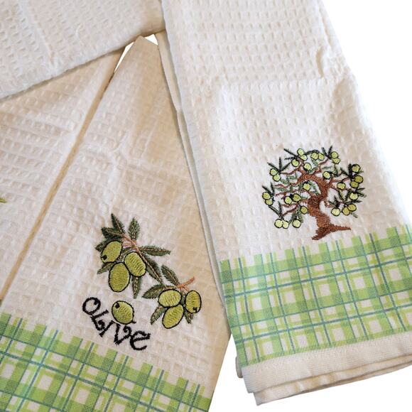 4 Olive Kitchen Towels Lavien Embroidered Waffle Cotton Blend 16x24" Green Plaid - Picture 12 of 13